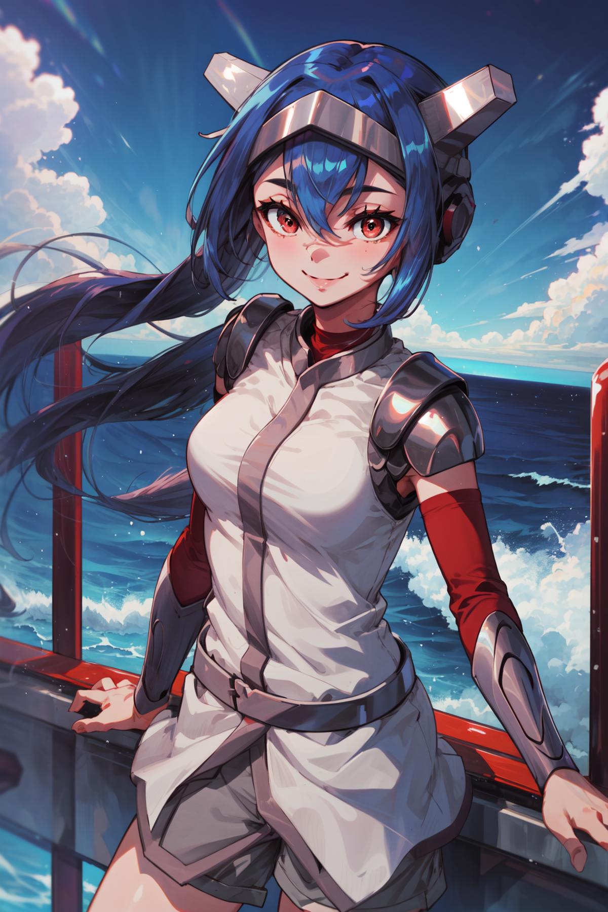 masterpiece,best quality,1girl,leaCode,red eyes,ponytail,pauldrons,detached red sleeves,bracers,grey shorts,smile,on ship,...